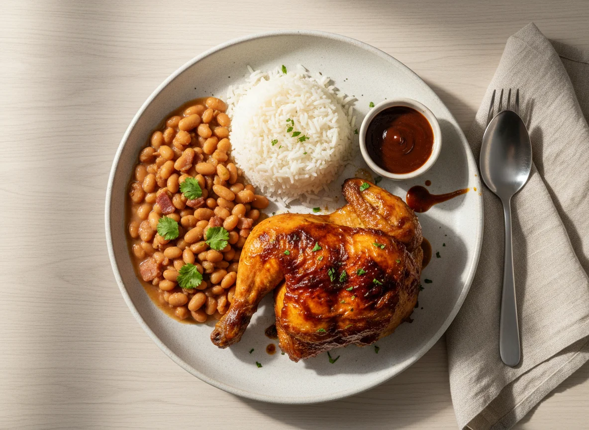 Prato de frango assado com arroz e feijão photo