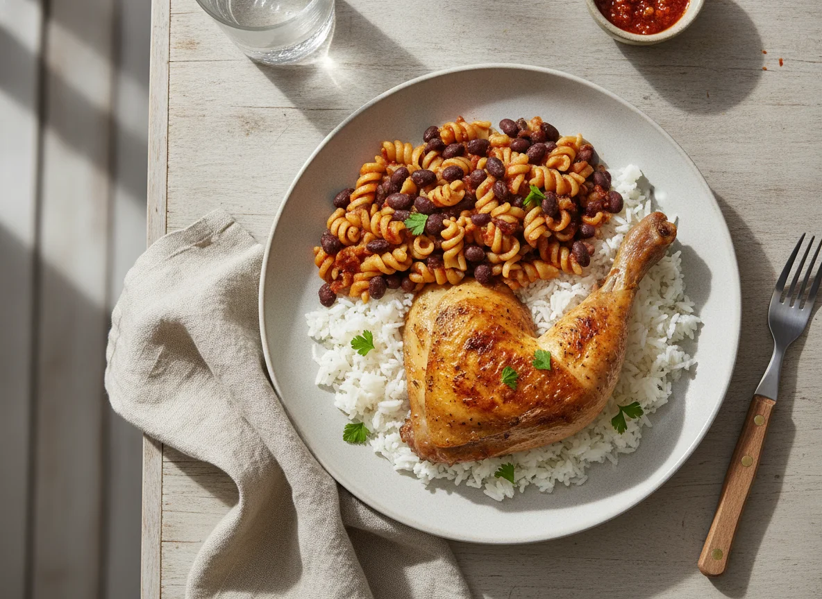 Prato de frango assado com arroz e macarrão photo
