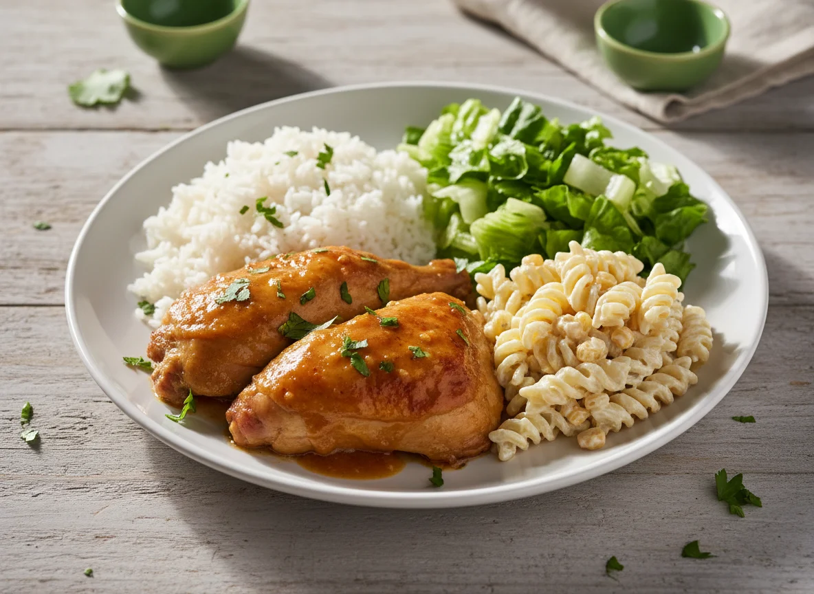 Prato de frango assado com arroz e salada photo
