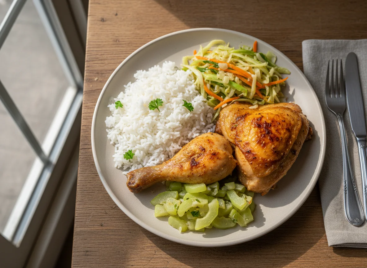 Prato de frango assado com arroz e vegetais photo