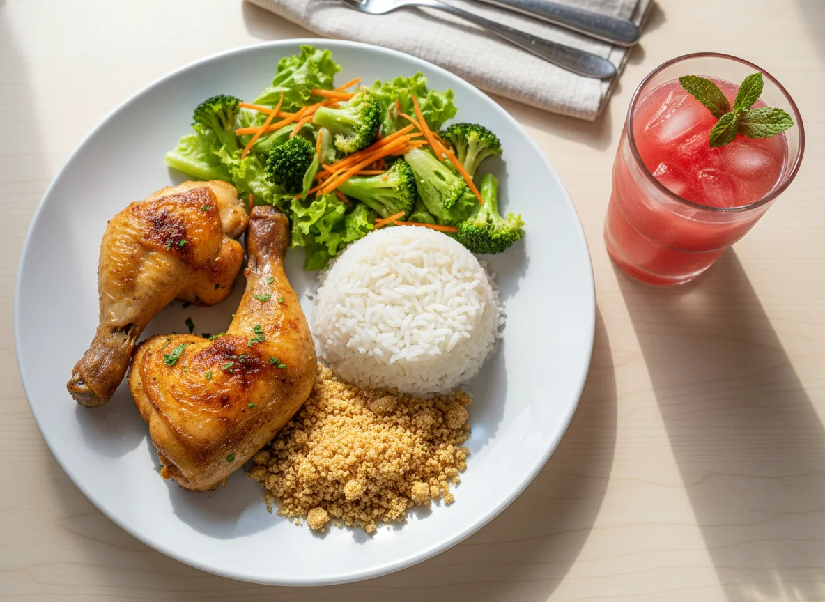 Prato de frango assado com arroz, farofa e salada photo