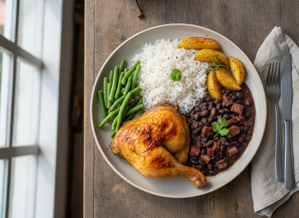 Prato de frango assado com arroz, feijão e batatas photo