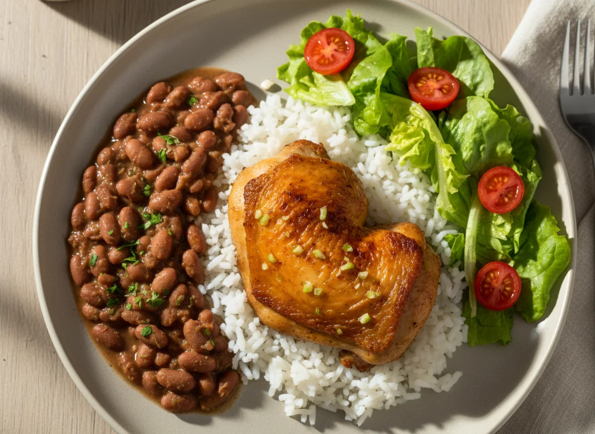 Prato de frango assado com arroz, feijão e salada photo