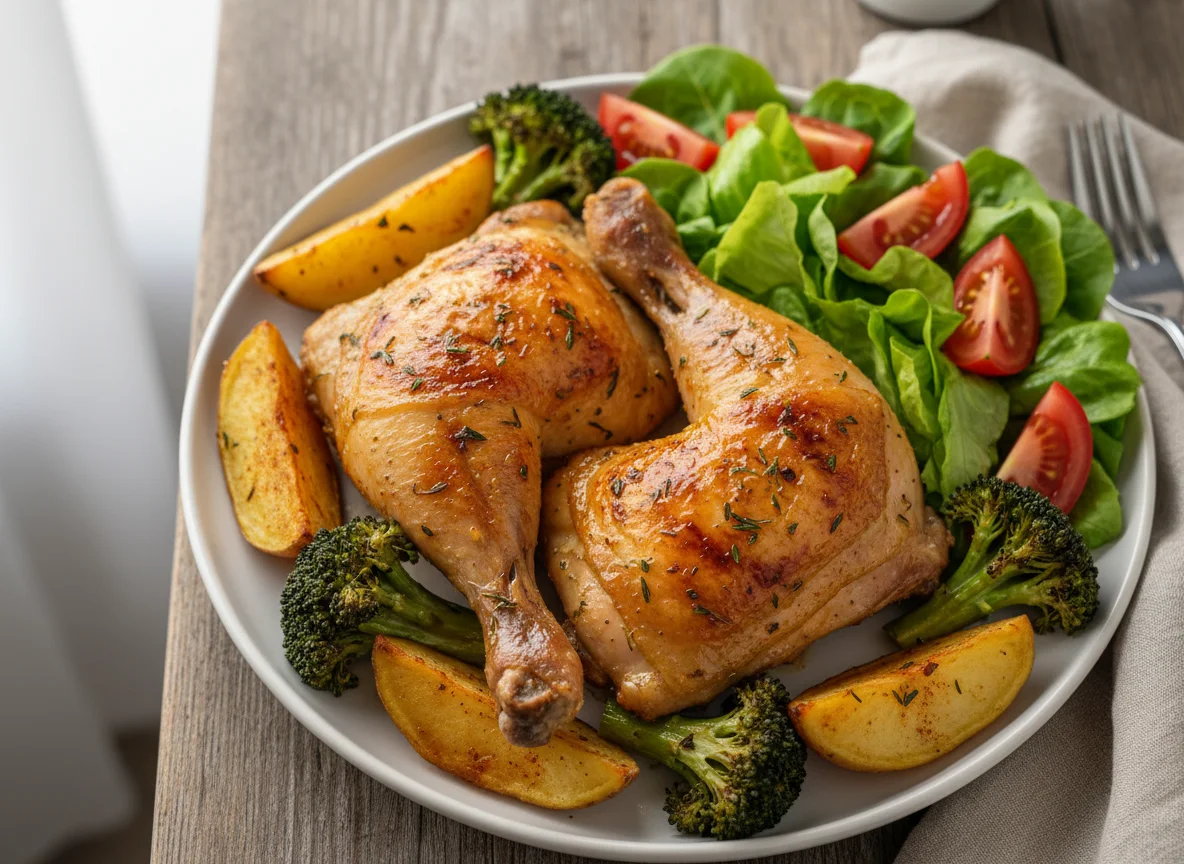 Prato de frango assado com batatas, brócolis e salada photo