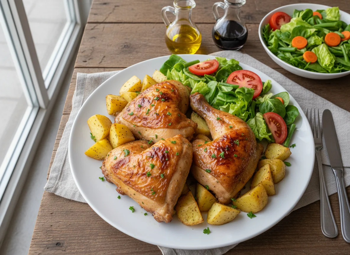 Prato de frango assado com batatas e salada photo
