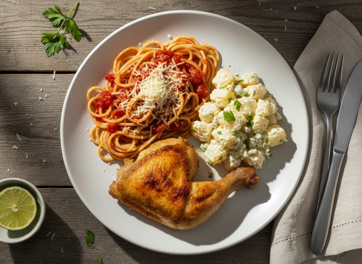 Prato de frango assado com espaguete e salada de batata photo
