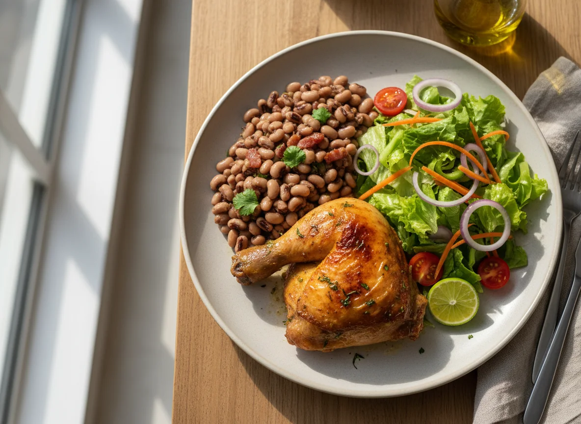 Prato de frango assado com feijão e salada photo