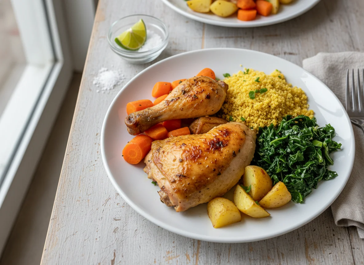 Prato de frango assado com legumes e farofa photo