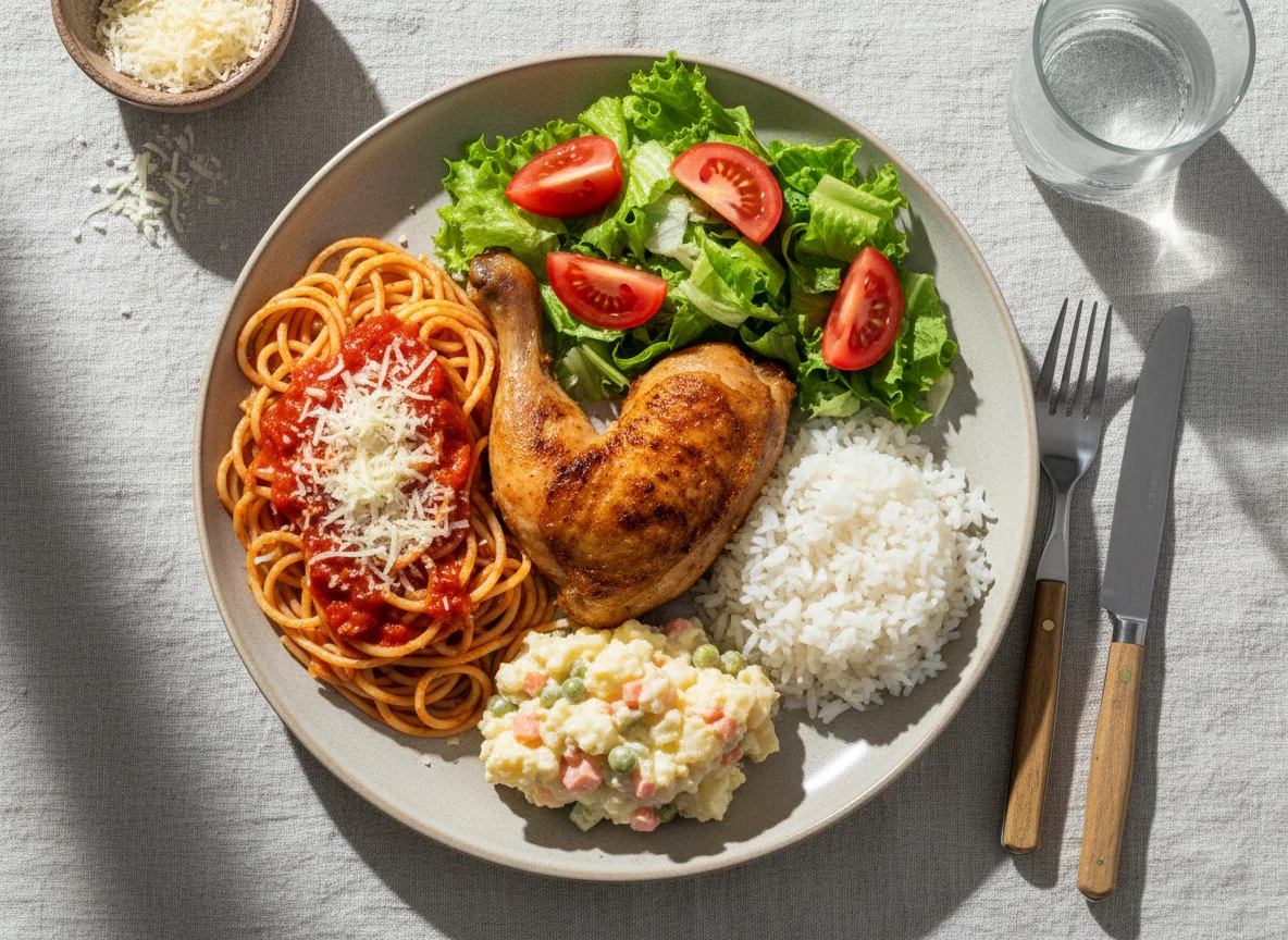 Prato de Frango Assado com Massas e Saladas photo