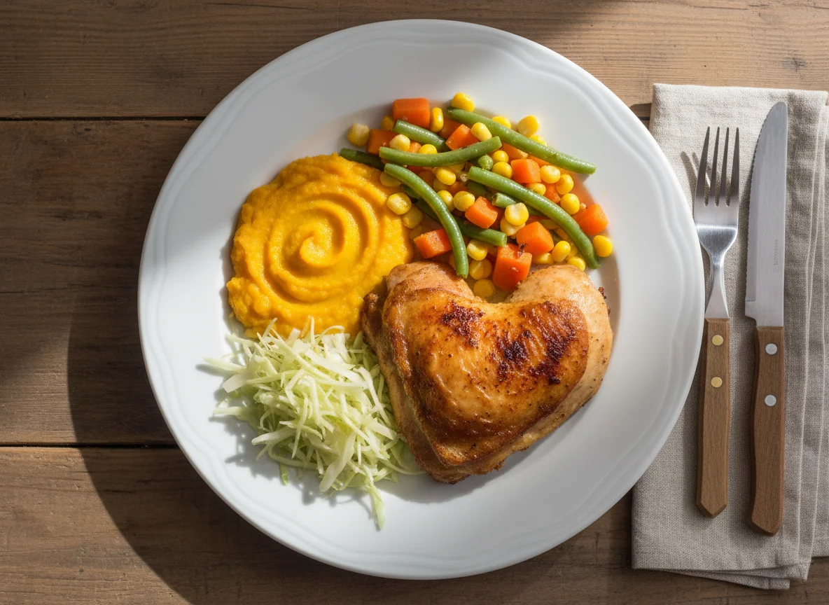 Prato de frango assado com purê e vegetais photo