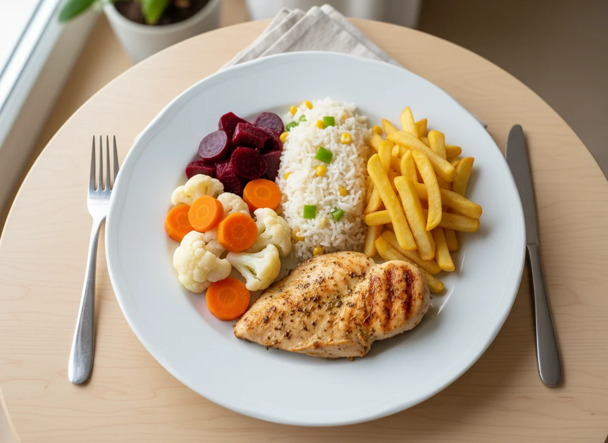 Prato de frango com arroz, batata frita e vegetais photo