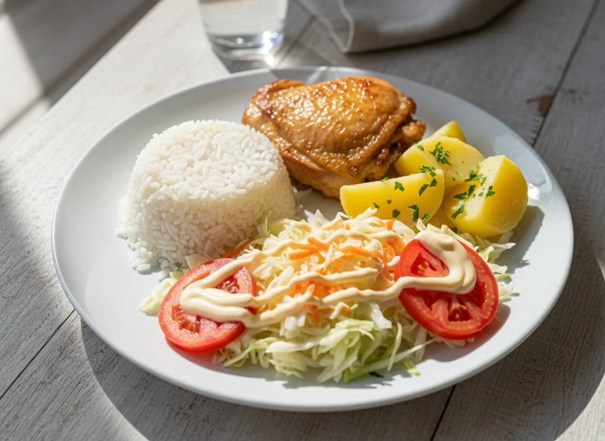 Prato de frango com arroz, batatas e salada photo