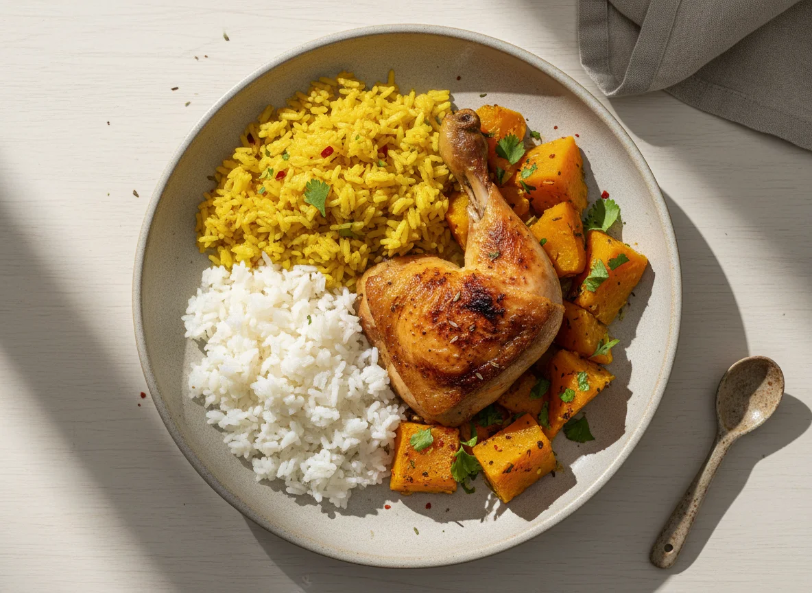 Prato de frango com arroz e abóbora photo