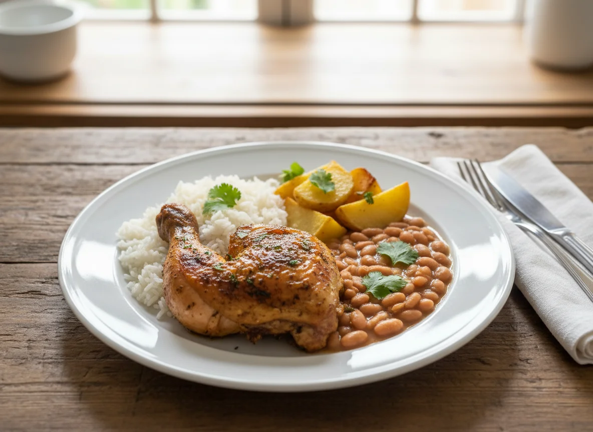 Prato de frango com arroz e batata photo