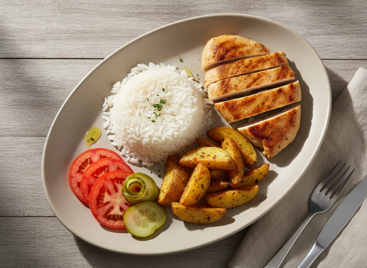 Prato de frango com arroz e batatas photo