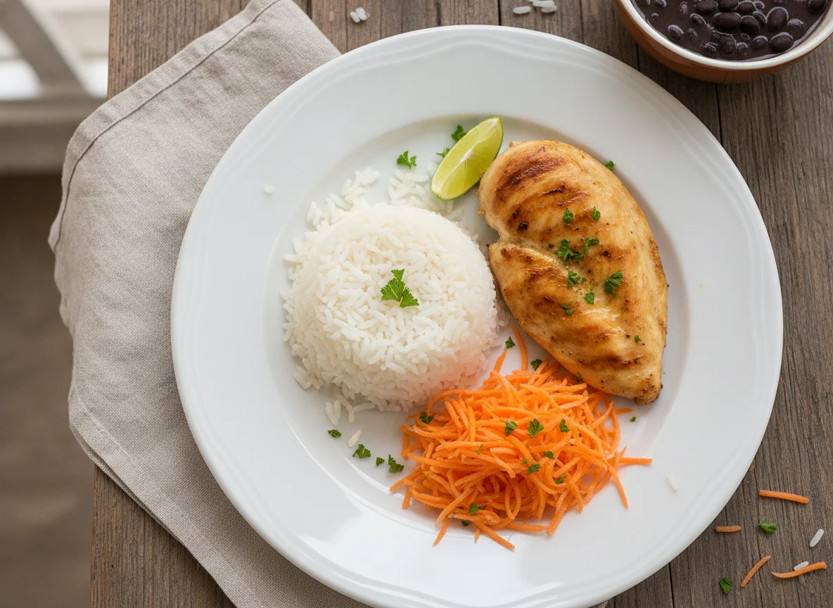 Prato de frango com arroz e cenoura photo