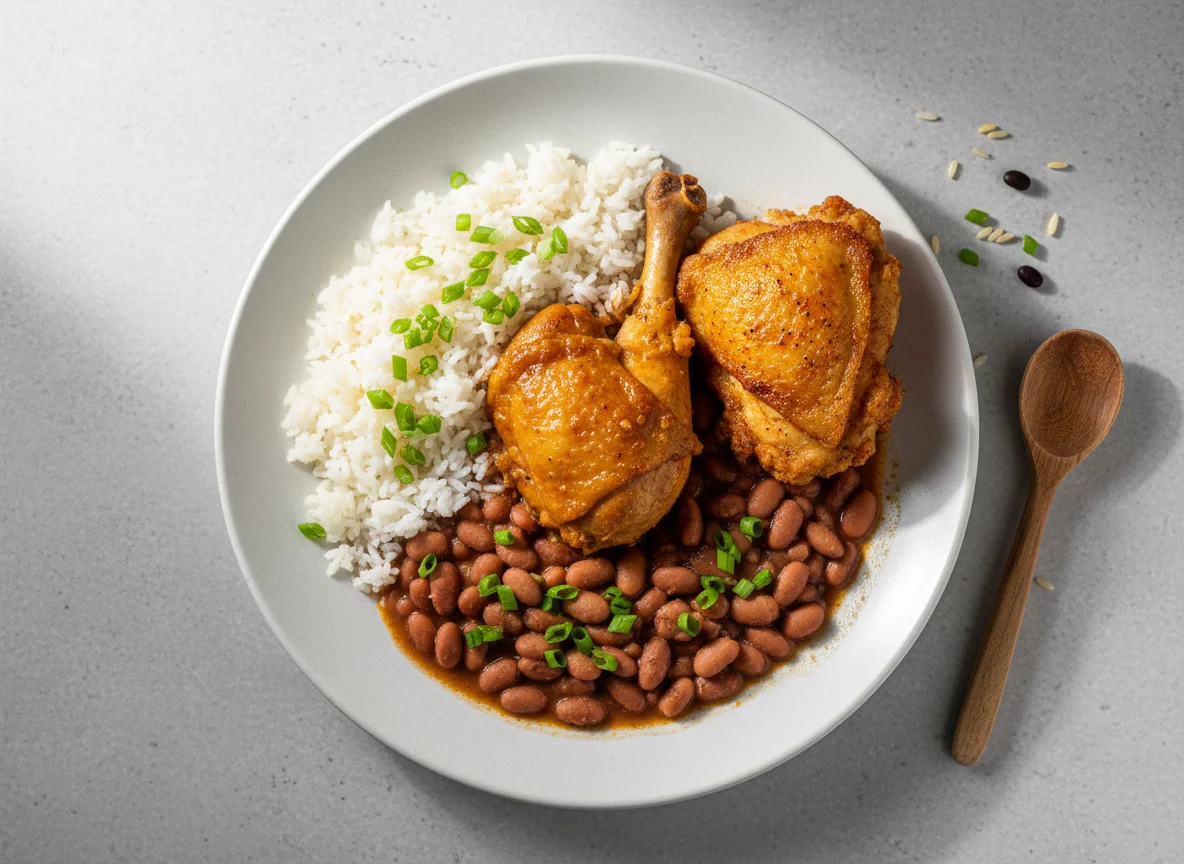 Prato de frango com arroz e feijão photo