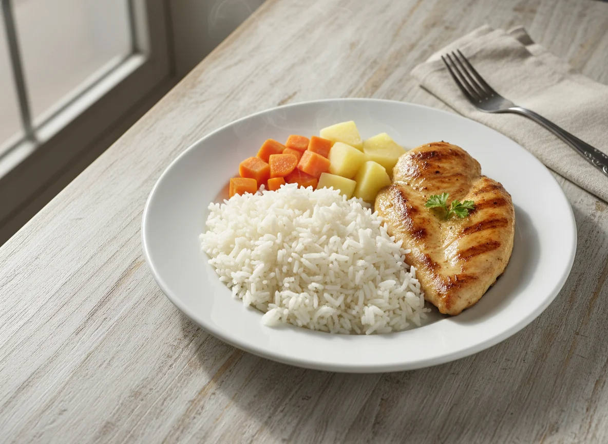 Prato de frango com arroz e legumes photo