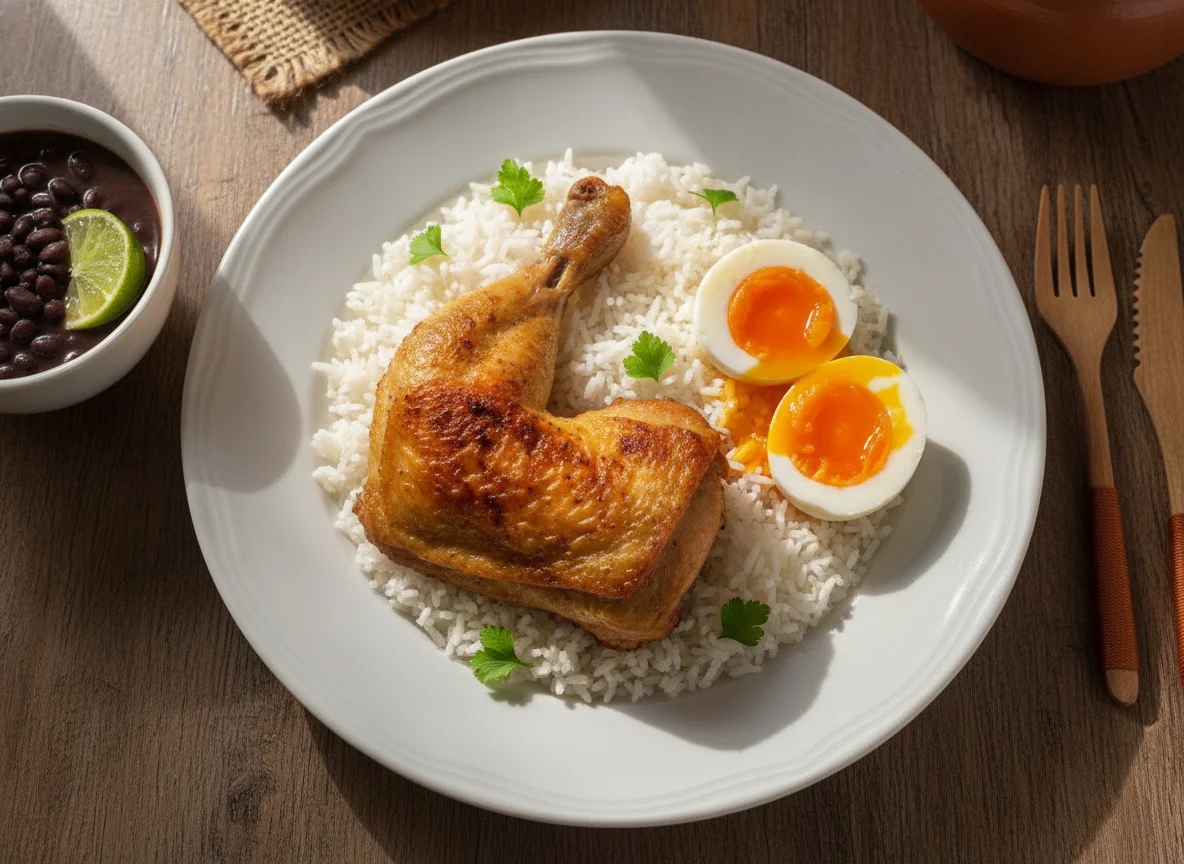 Prato de frango com arroz e ovo photo