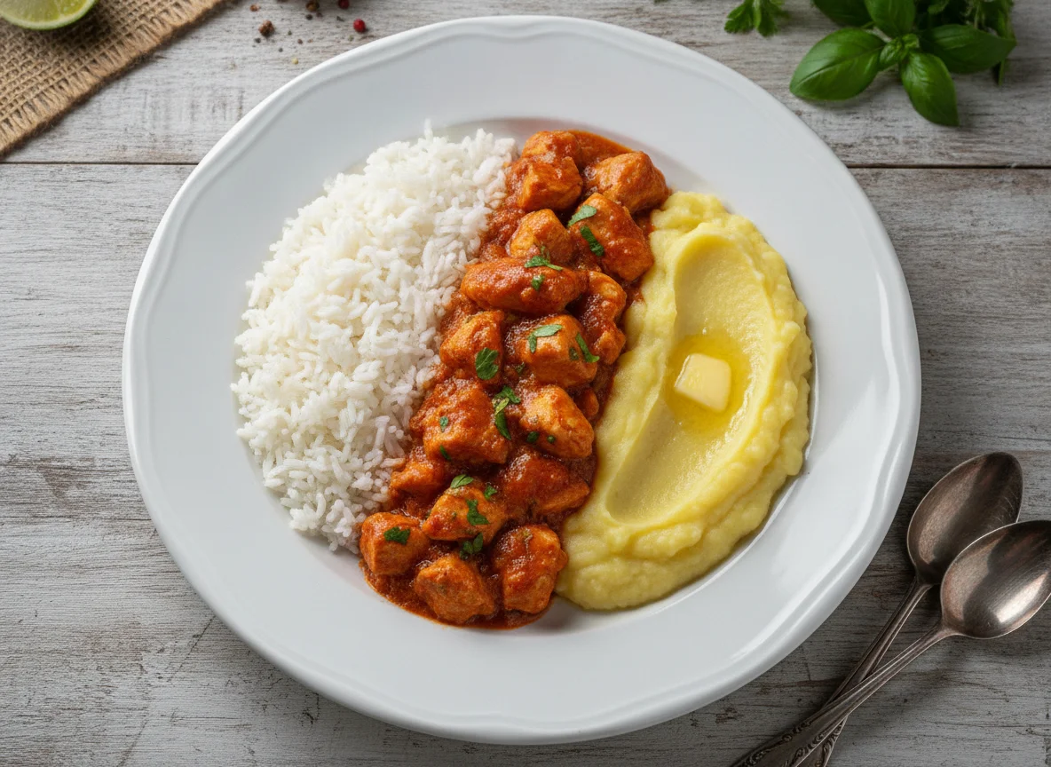 Prato de frango com arroz e purê photo