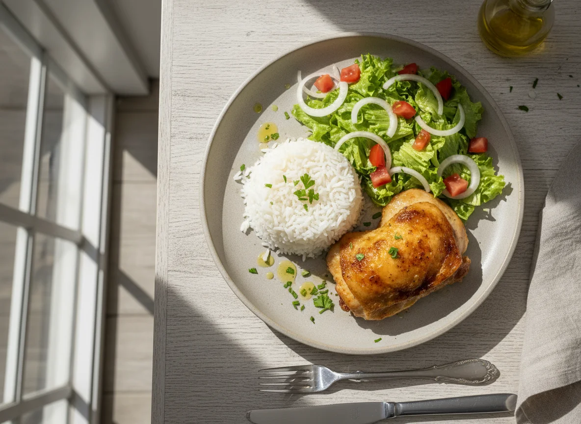 Prato de frango com arroz e salada photo