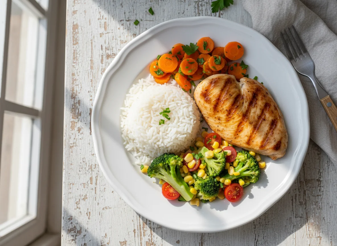 Prato de frango com arroz e vegetais photo