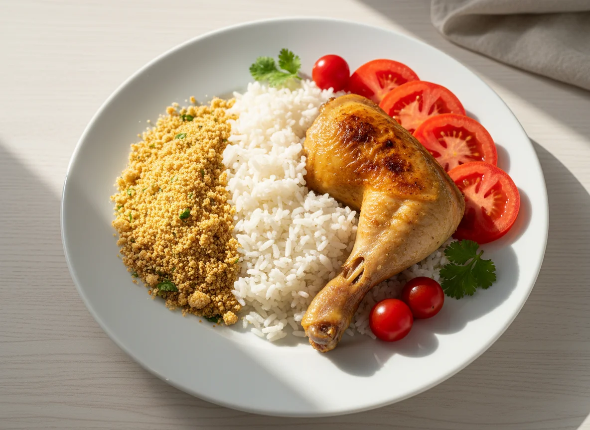 Prato de frango com arroz, farofa e tomate photo