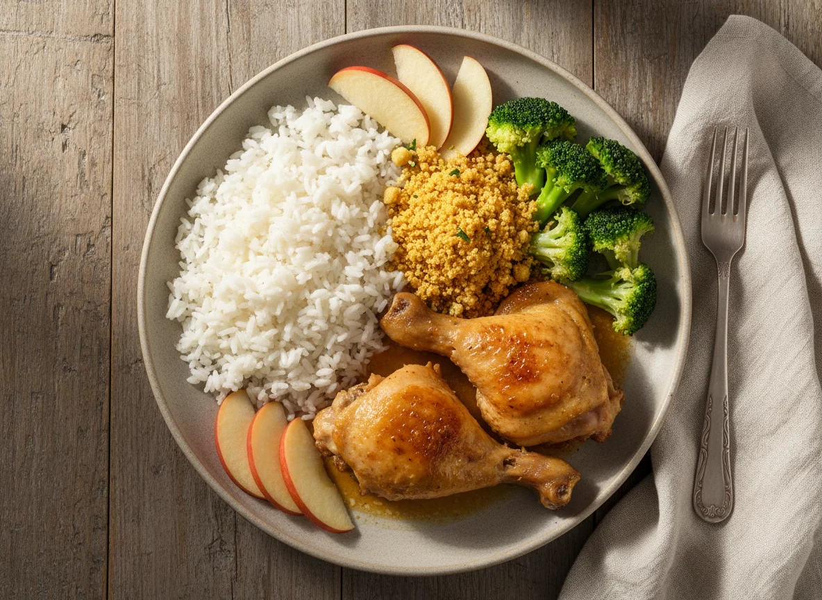 Prato de frango com arroz, farofa e vegetais photo
