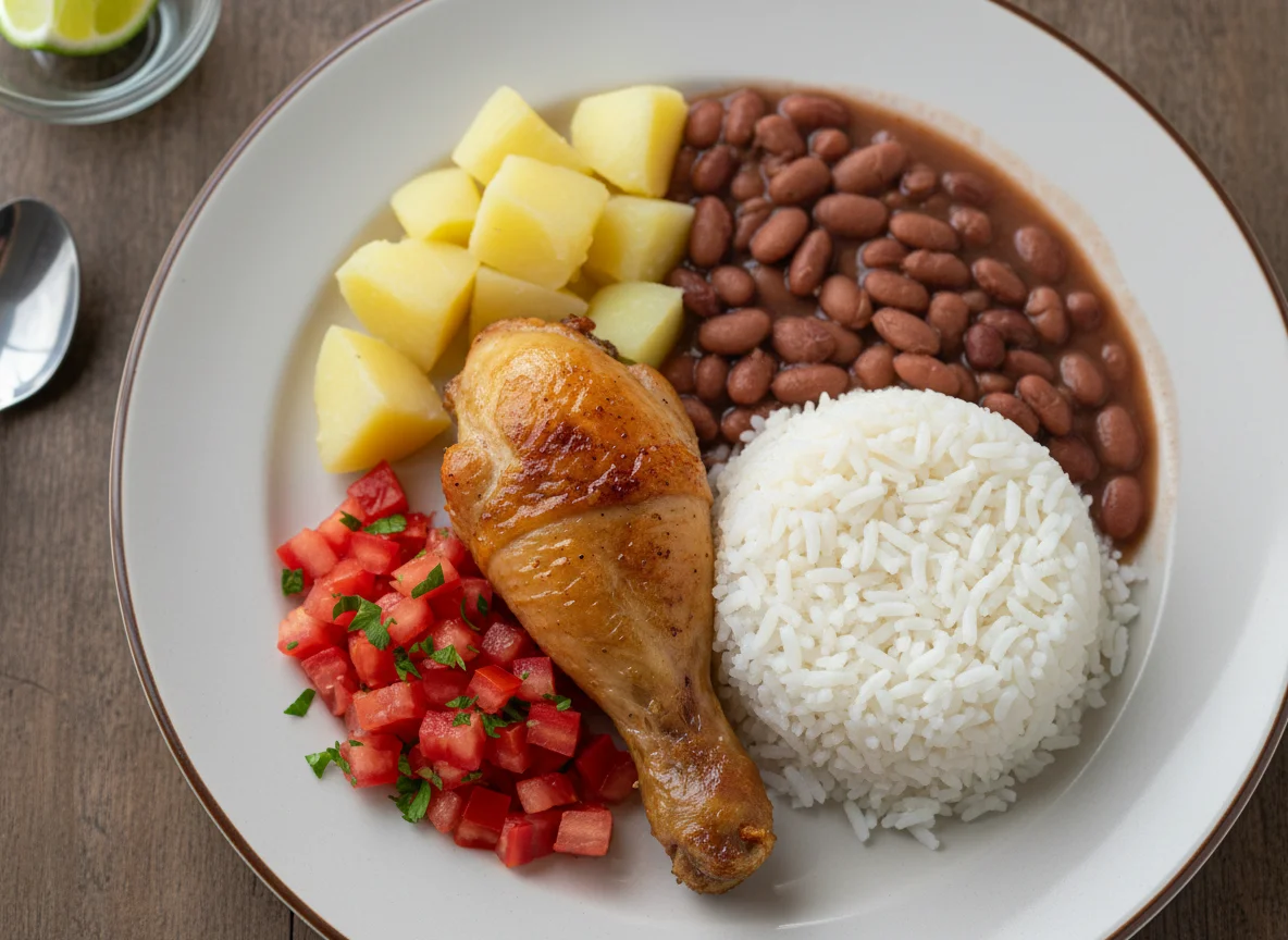 Prato de frango com arroz, feijão, batata e tomate photo