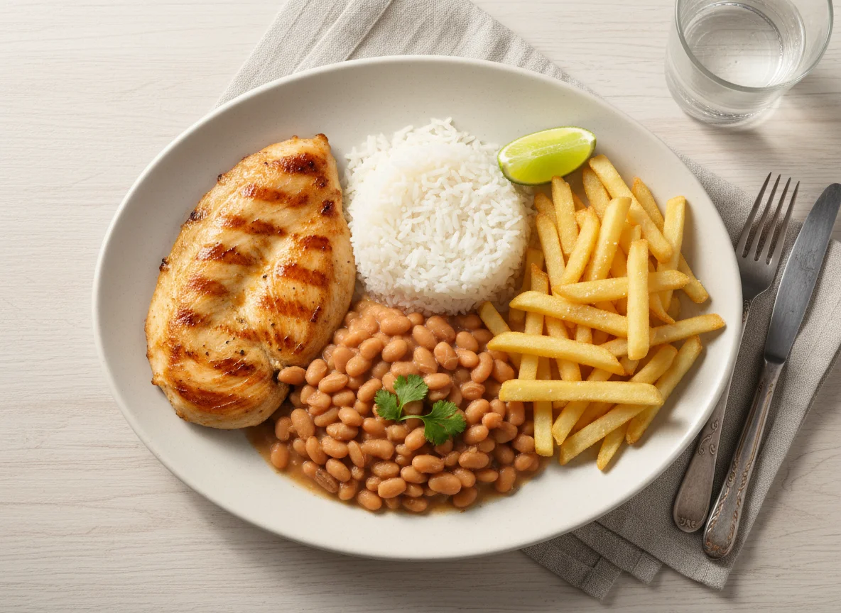 Prato de frango com arroz, feijão e batata frita photo