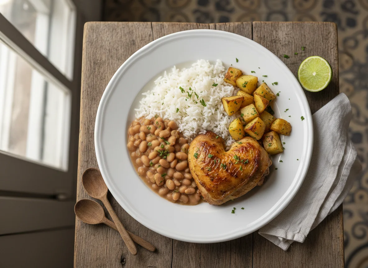 Prato de frango com arroz, feijão e batatas photo