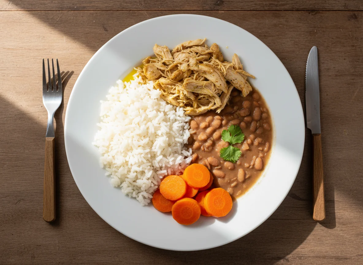 Prato de frango com arroz, feijão e cenoura photo