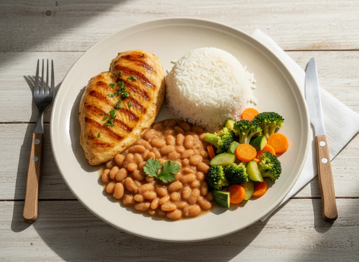 Prato de frango com arroz, feijão e legumes photo