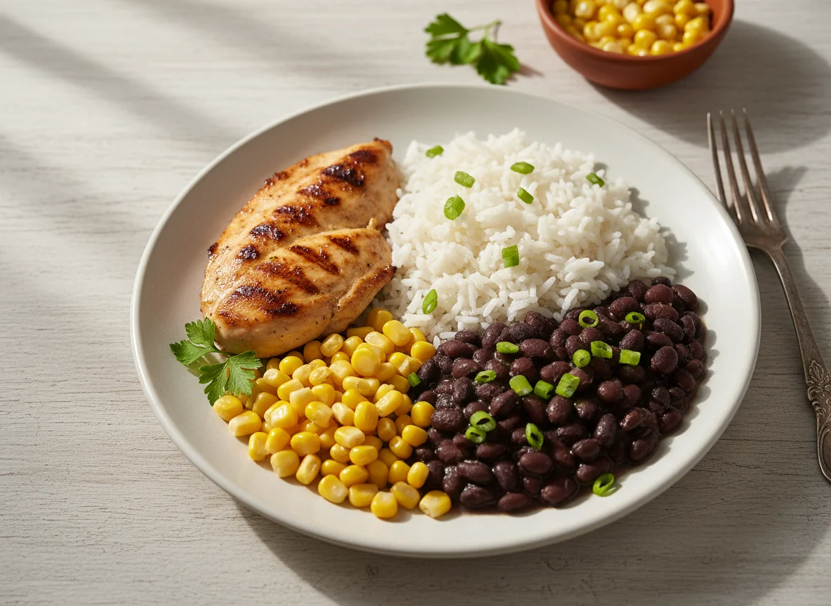 Prato de frango com arroz, feijão e milho photo