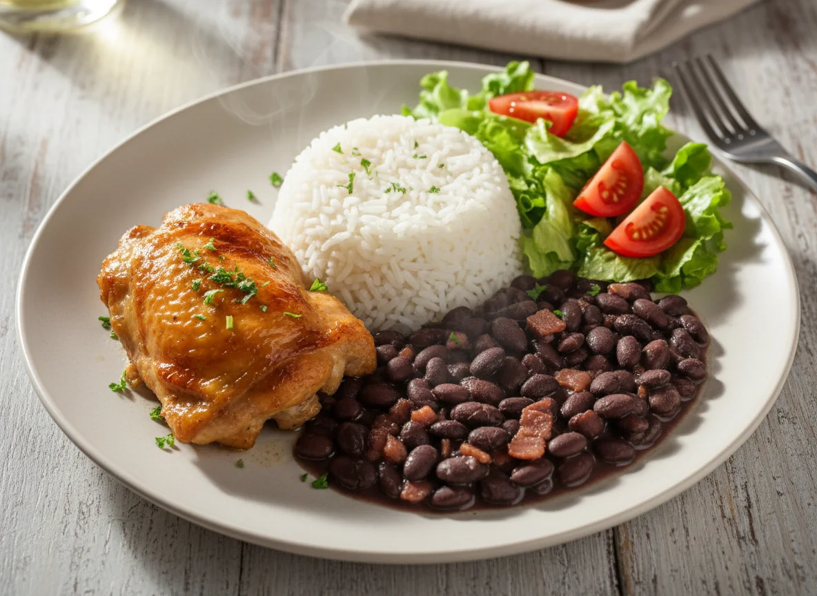 Prato de frango com arroz, feijão e salada photo