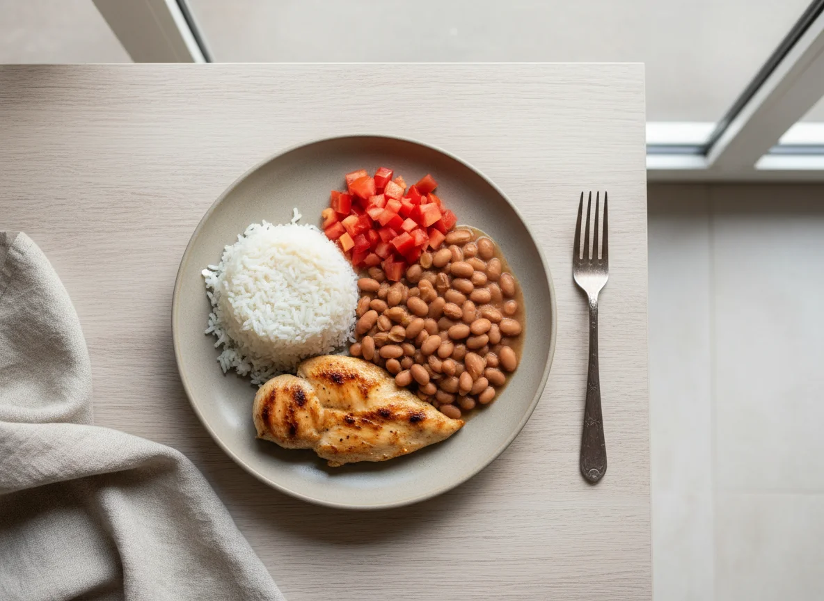 Prato de frango com arroz, feijão e tomate photo