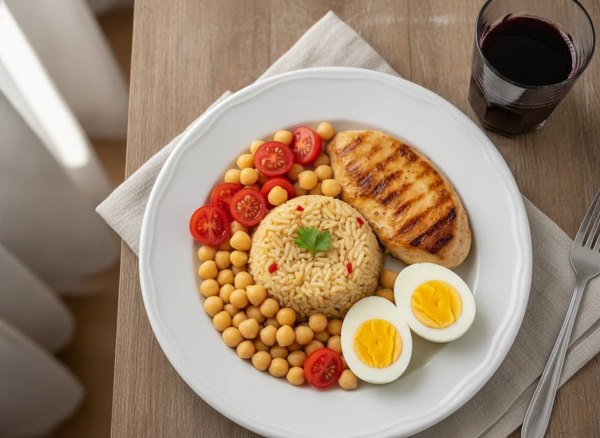 Prato de frango com arroz, grão-de-bico, ovos e tomates photo