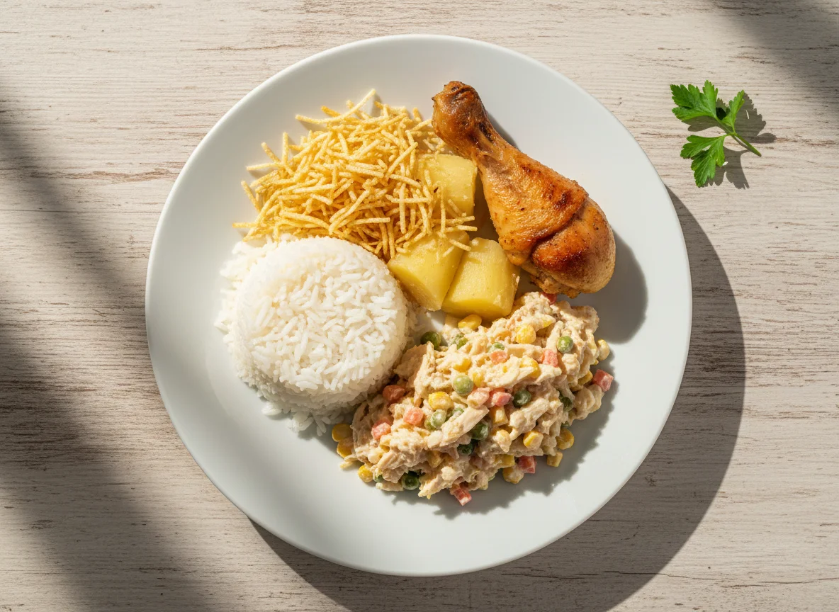Prato de frango com arroz, mandioca e salpicão photo