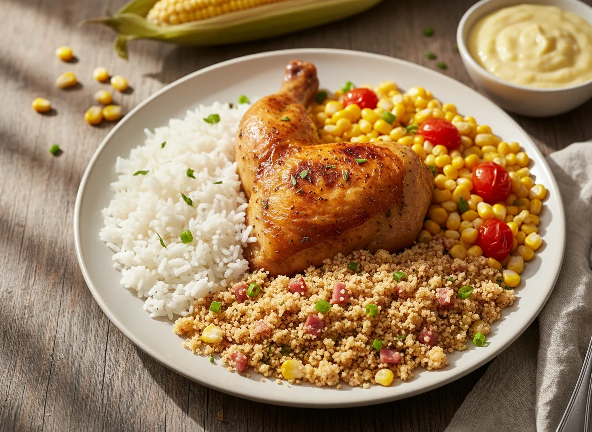 Prato de frango com arroz, milho e farofa photo