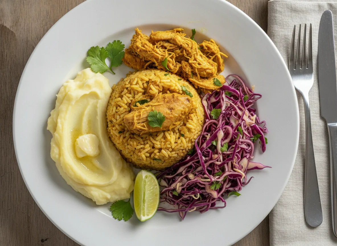 Prato de frango com arroz, purê de batata e salada de repolho roxo photo