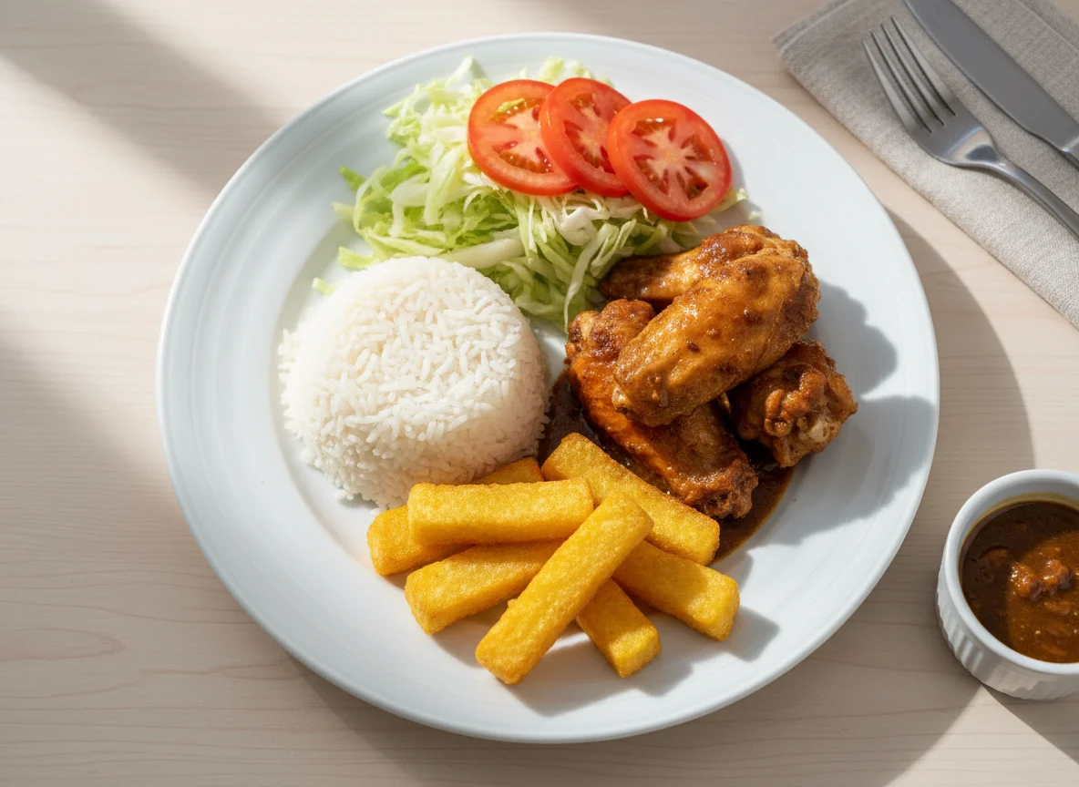 Prato de frango com arroz, salada e polenta photo