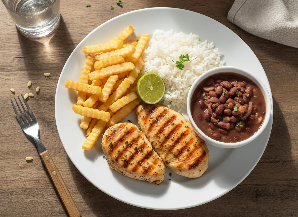 Prato de frango com batata frita, arroz e feijão photo