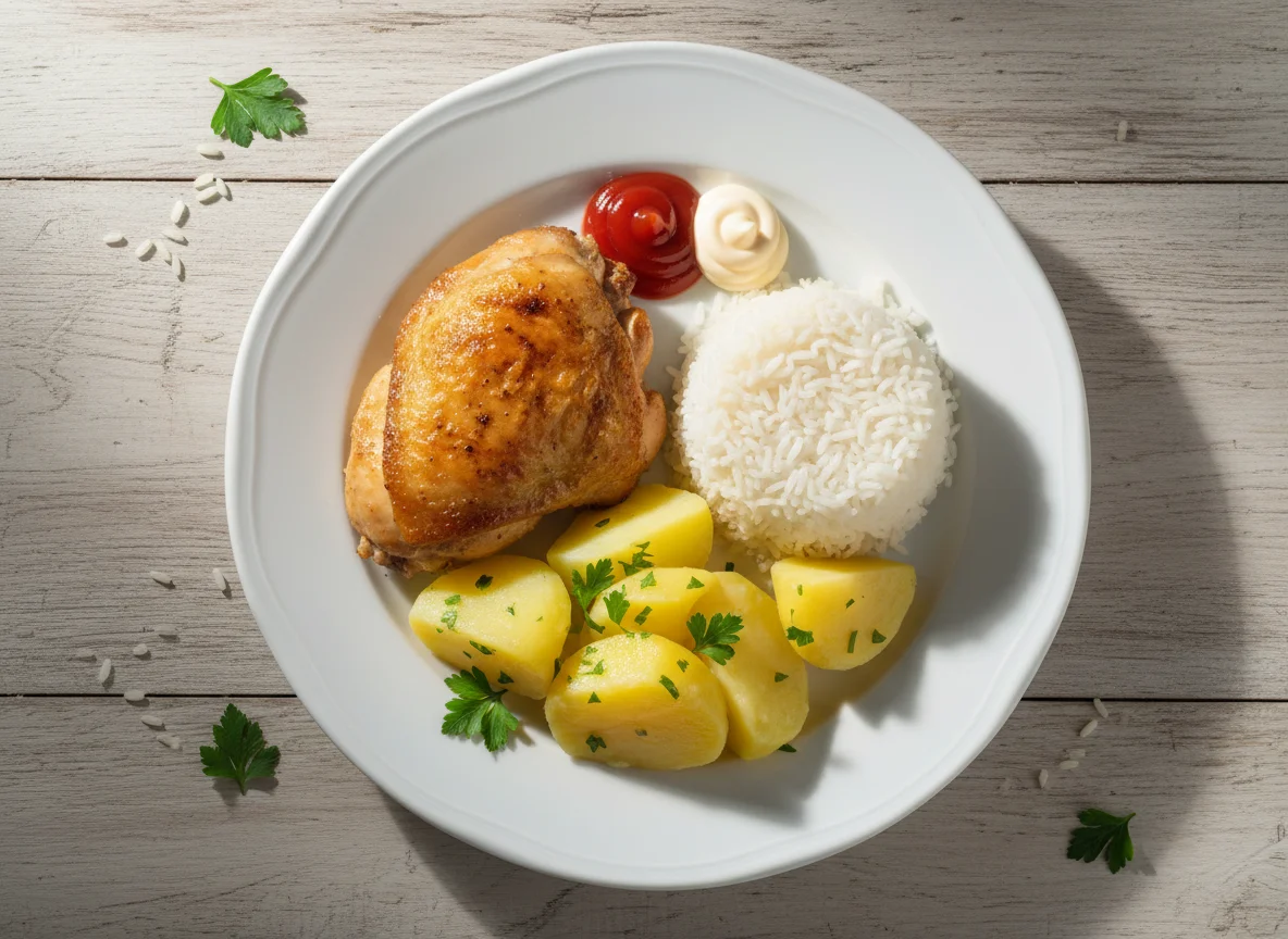 Prato de frango com batatas e arroz photo