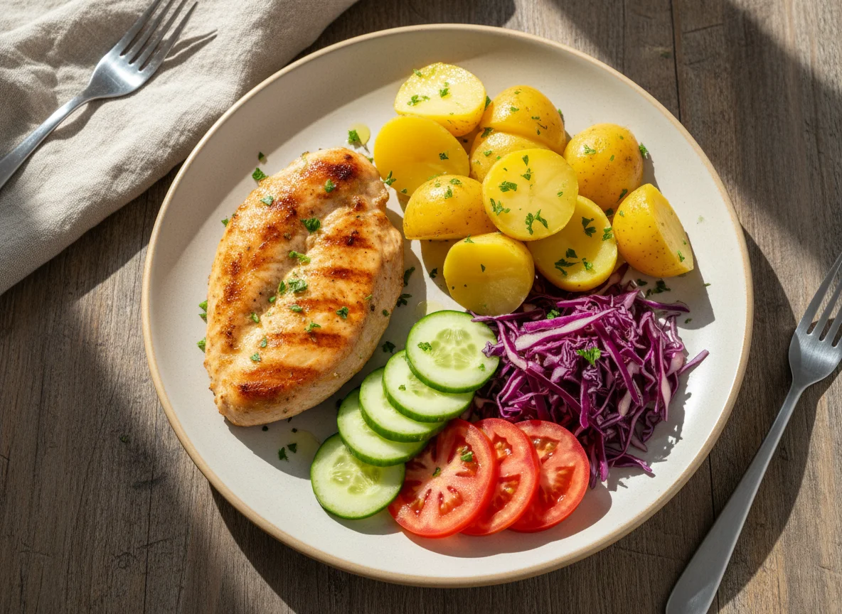 Prato de frango com batatas e salada photo