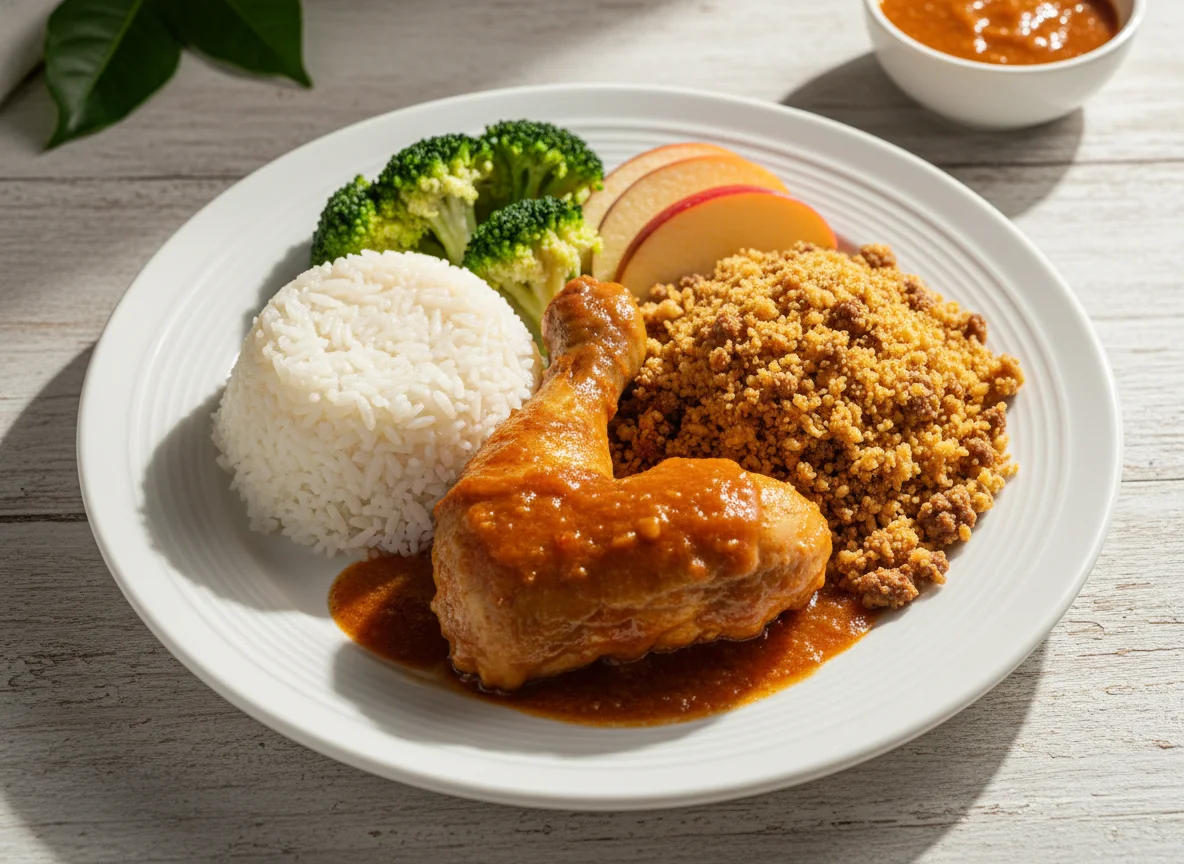 Prato de frango com farofa, arroz, brócolis e maçã photo