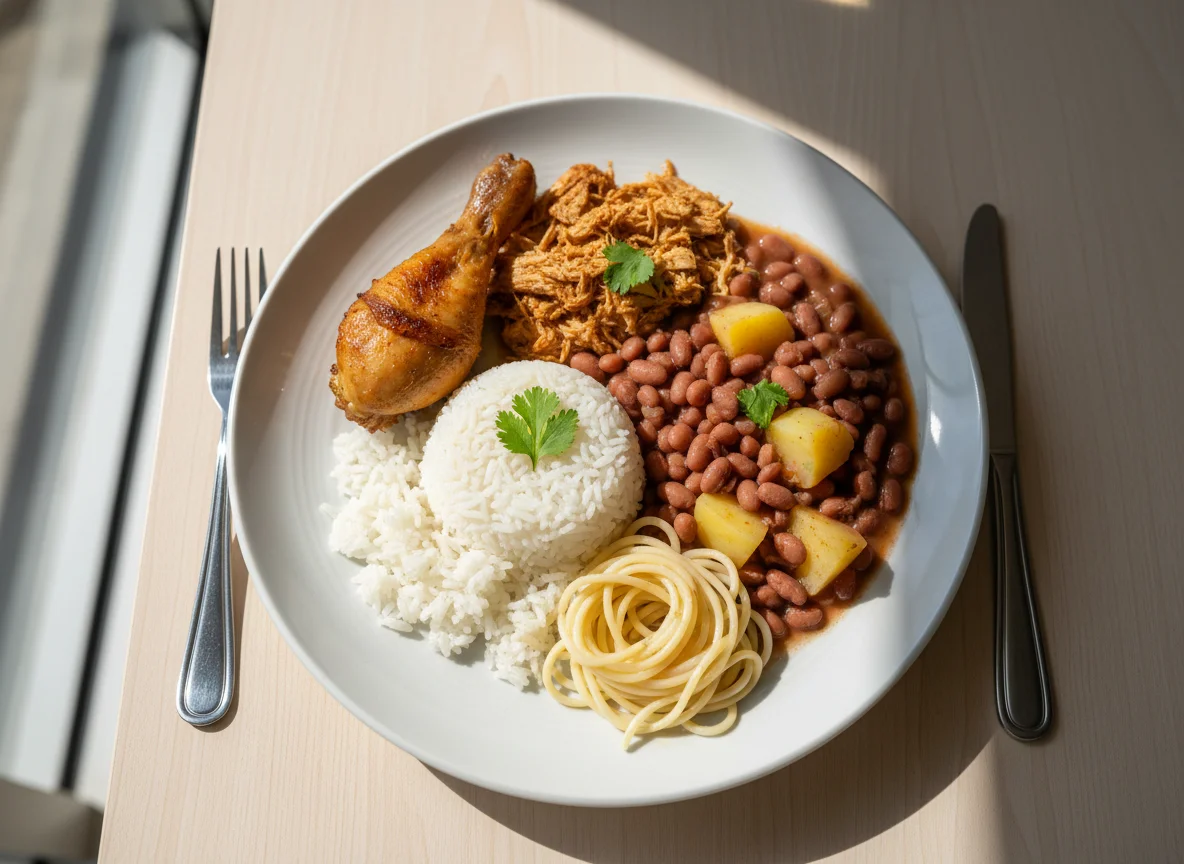 Prato de frango com feijão, arroz, batata e macarrão photo