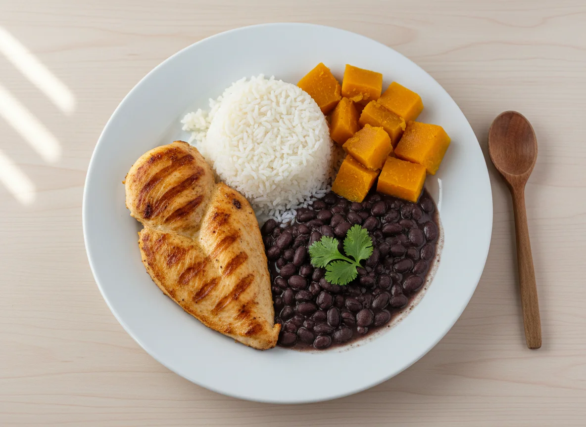 Prato de frango com feijão, arroz e abóbora photo