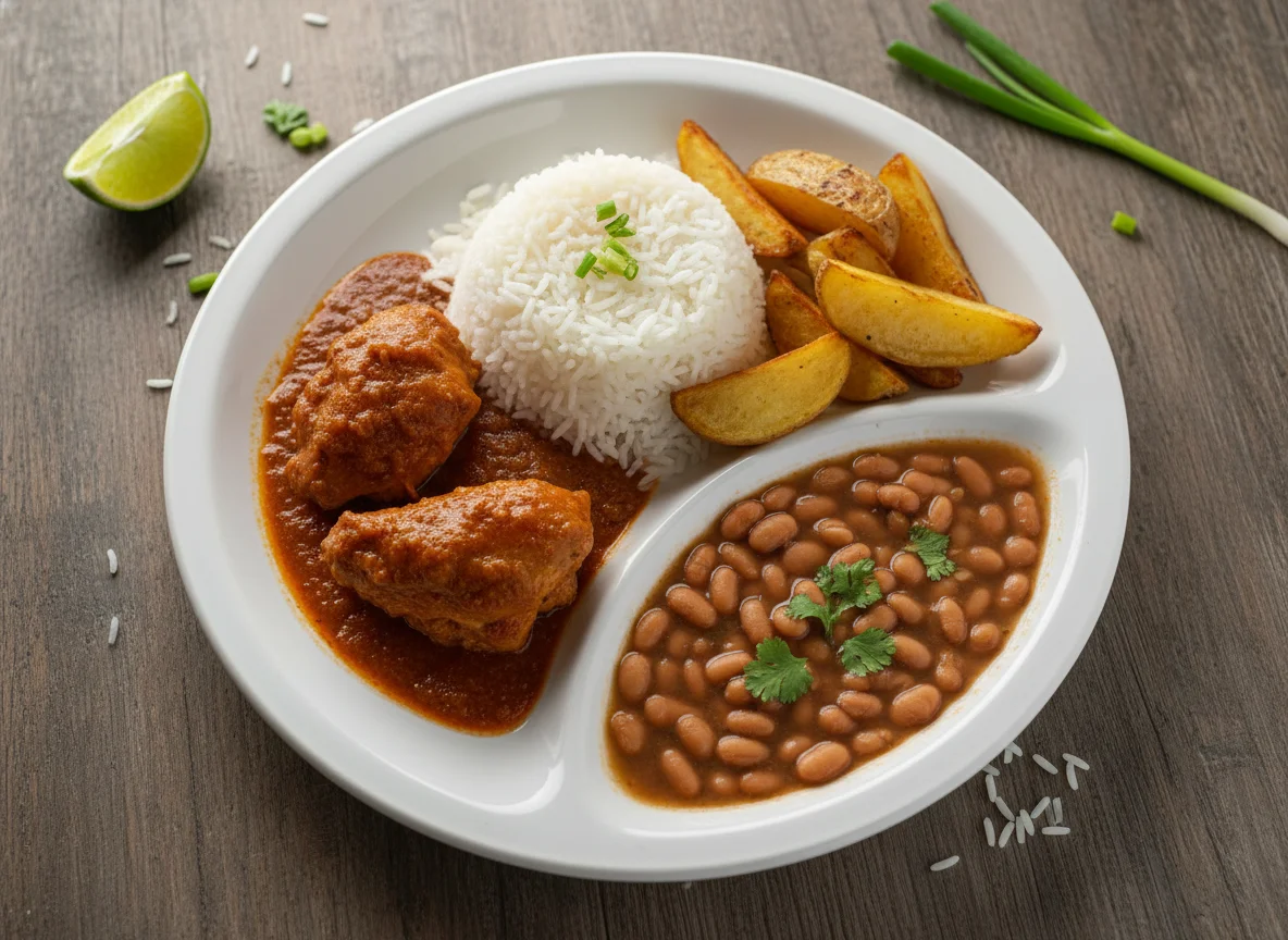 Prato de frango com feijão, arroz e batata photo