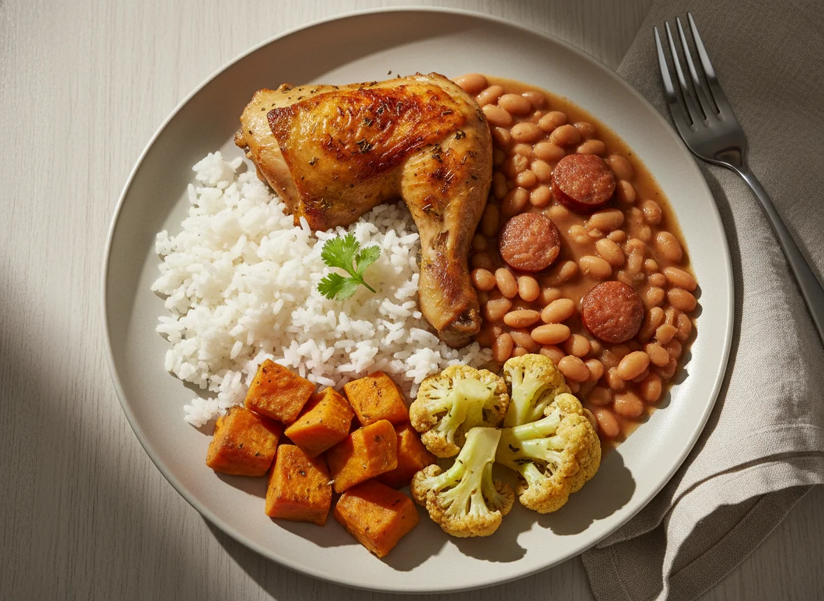 Prato de frango com feijão, arroz e legumes photo