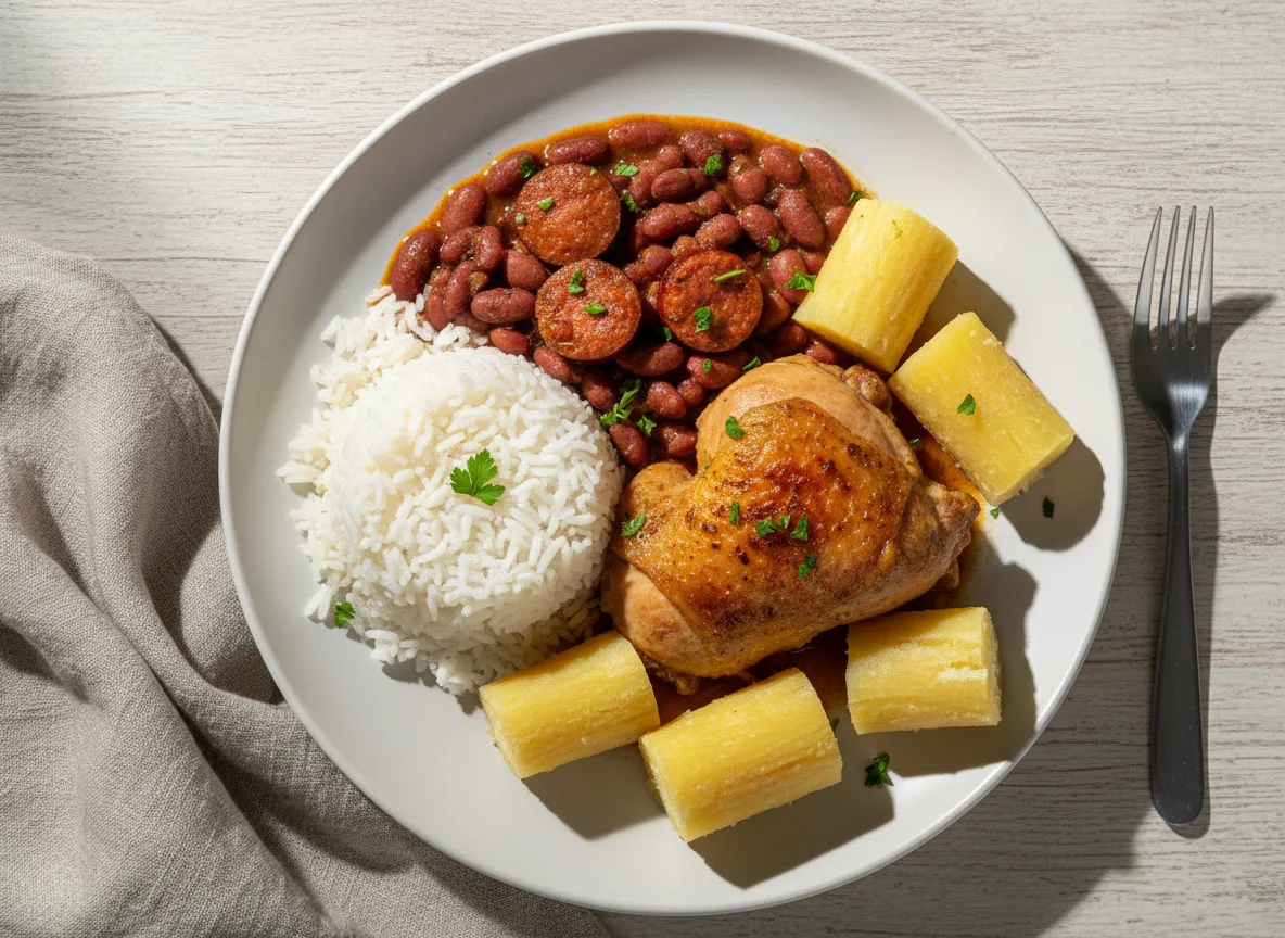 Prato de frango com feijão, arroz e mandioca photo